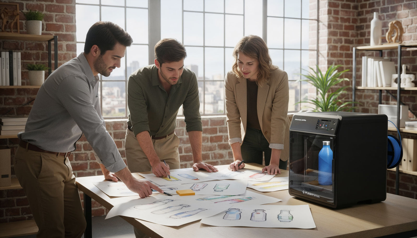 Three people discussing plans in an office with a Adventurer 5M Pro 3D printer on a table.