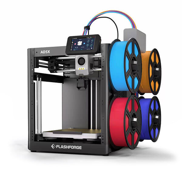 Flashforge AD5X 3D printer with colorful filament spools on a white background