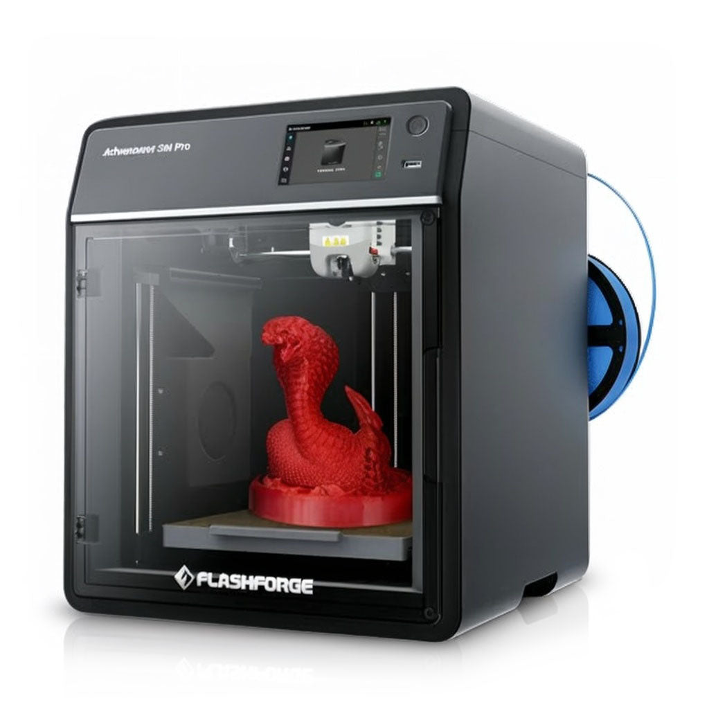 Flashforge Adventuer 5M Pro 3D printer with a red dragon model on a white background