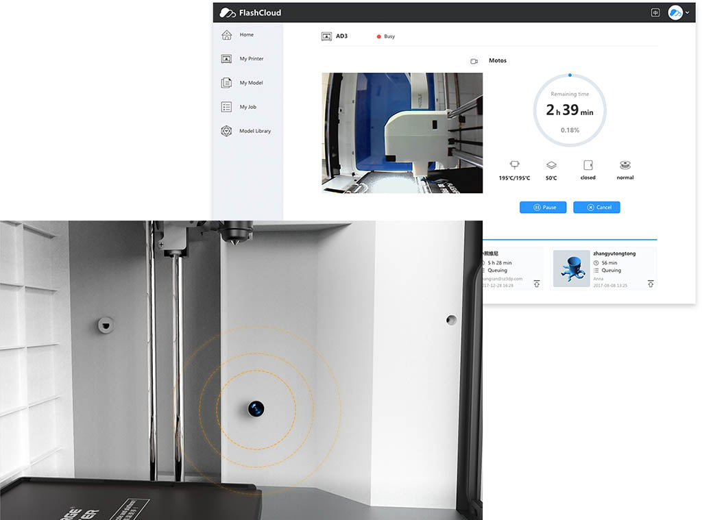 Adventurer 3 built in camera and cloud based monitoring